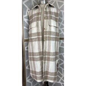 H&M HM Long Plaid Vest Jacket Coat Sleeveless Beige Sz Small S Oversized Women